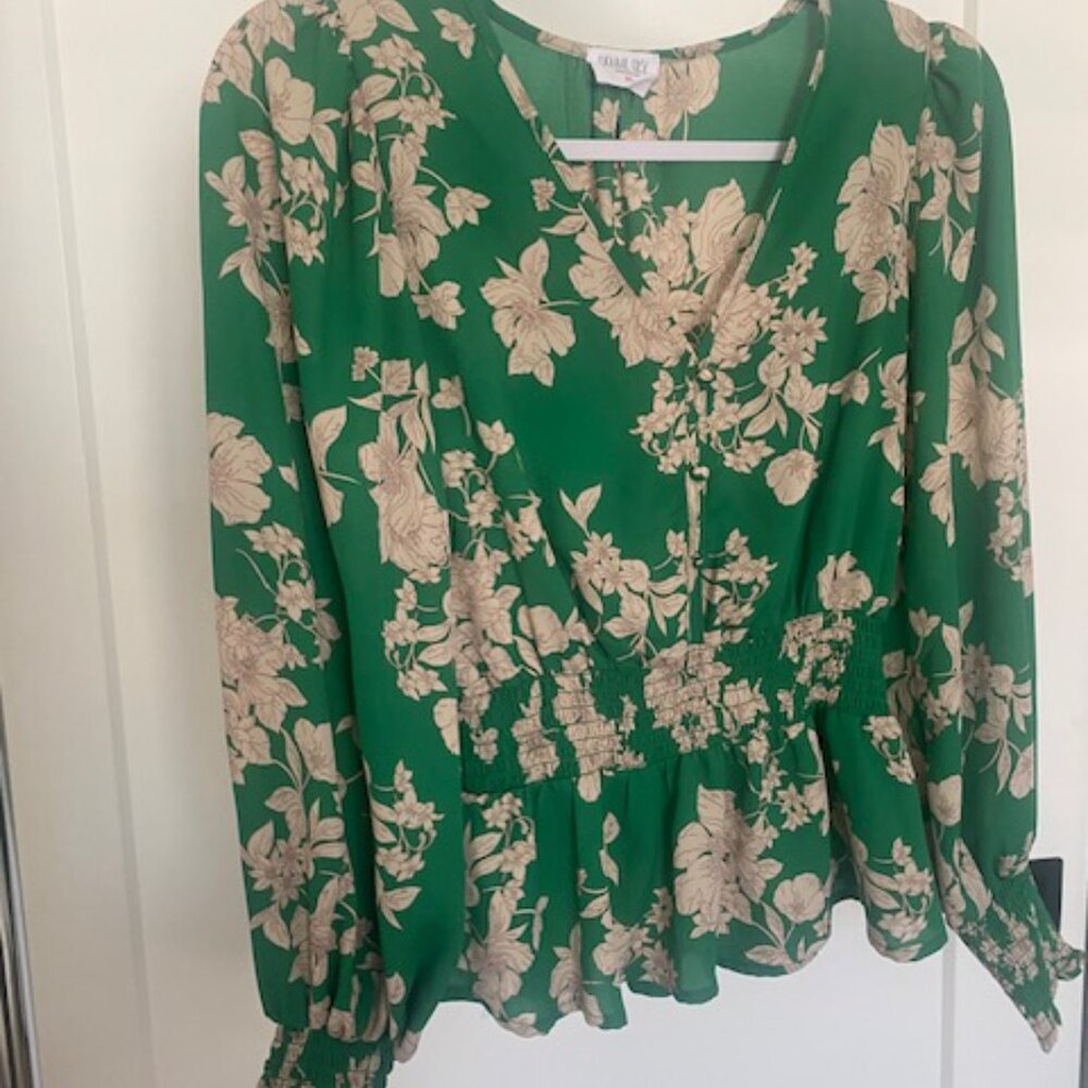 Green, cream floral blouse